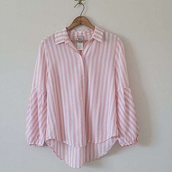 Chico's Pink White Striped Balloon Sleeve Button Front Shirt Size Medium M - Picture 1 of 7